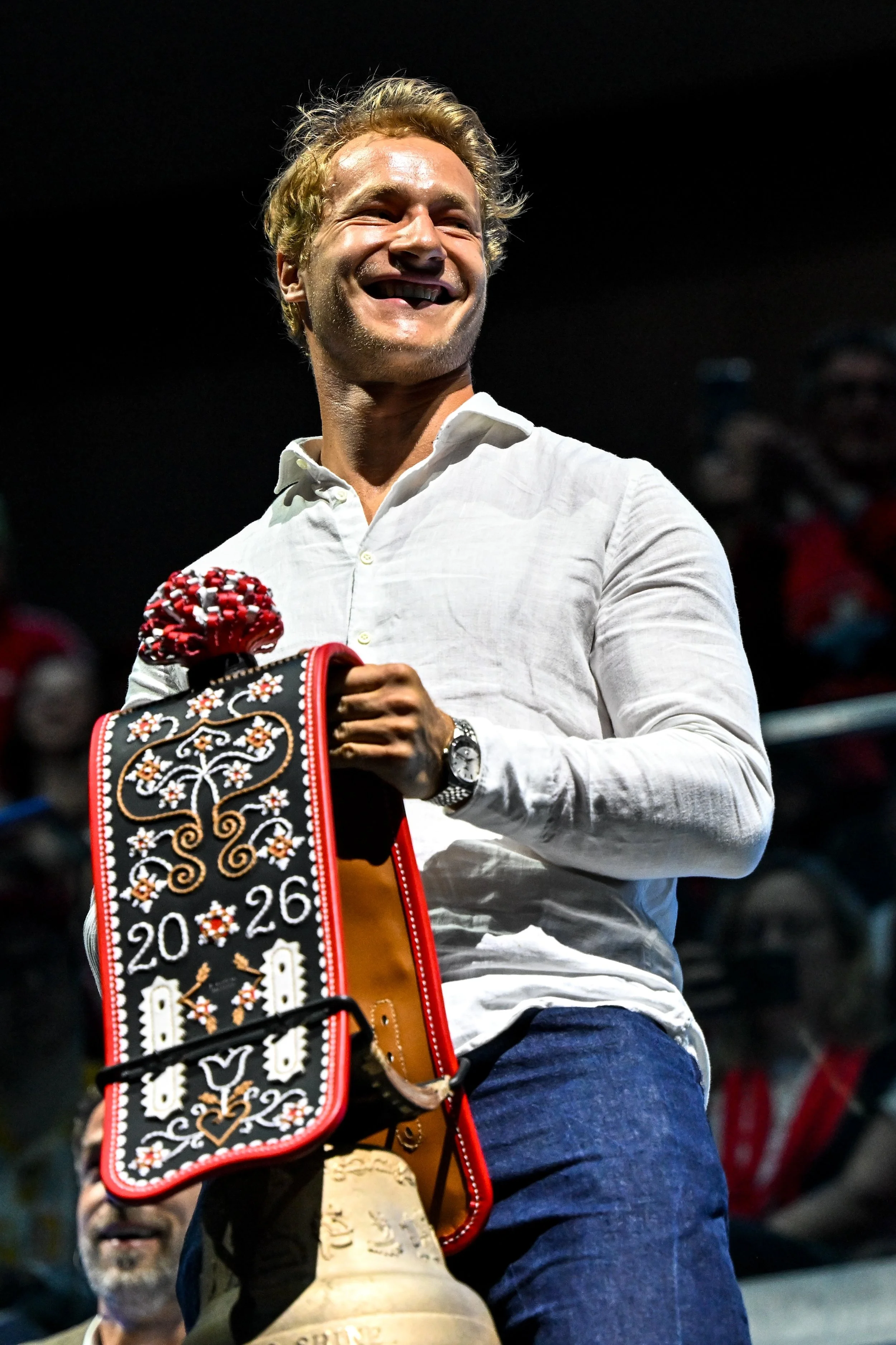  Swiss skier Marco Odermatt rings the traditional bell before the game 
