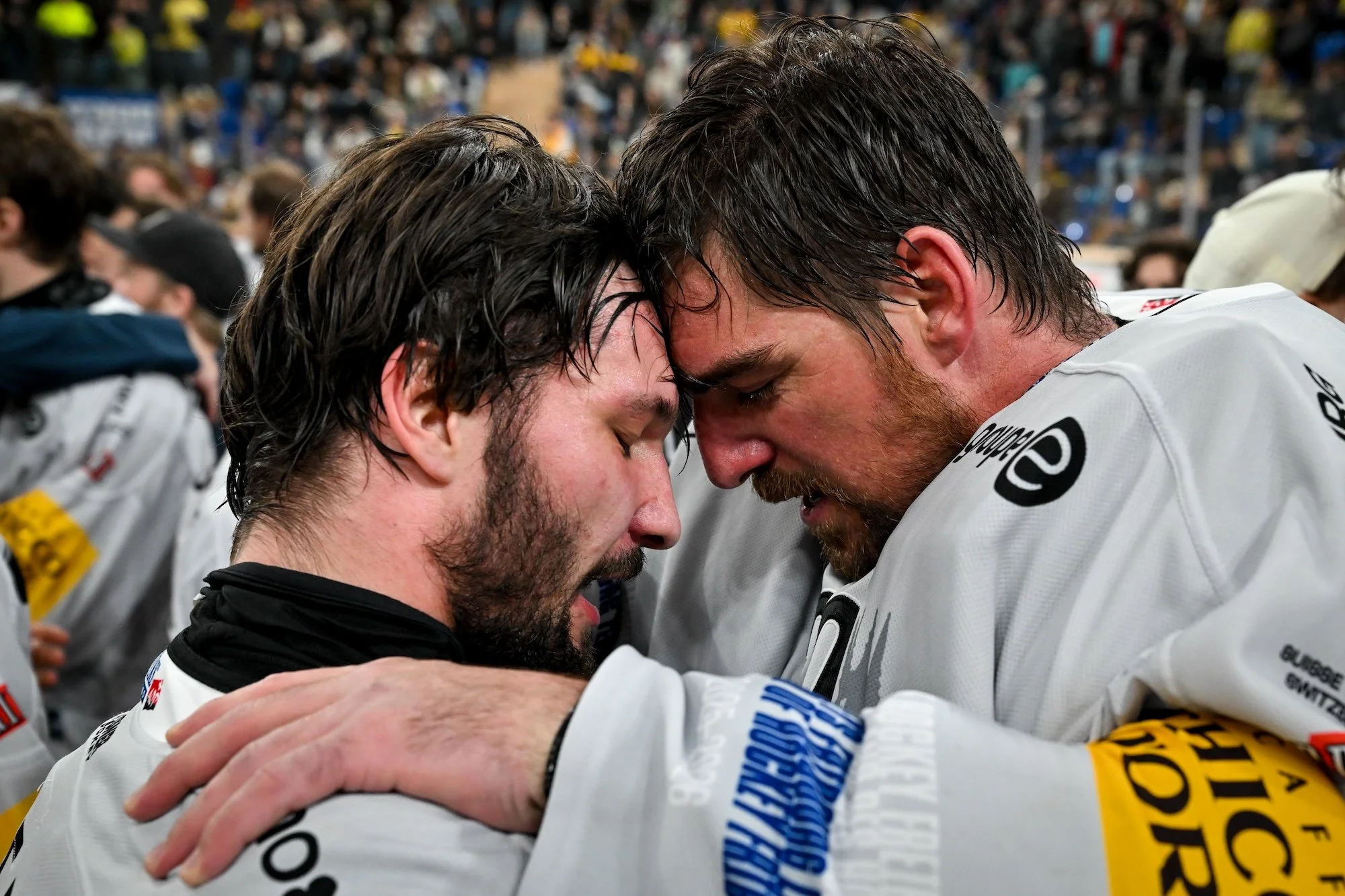  Defenseman Maximilian Streule and goaltender Reto Berra share a touching moment after being crowned Swiss champions 