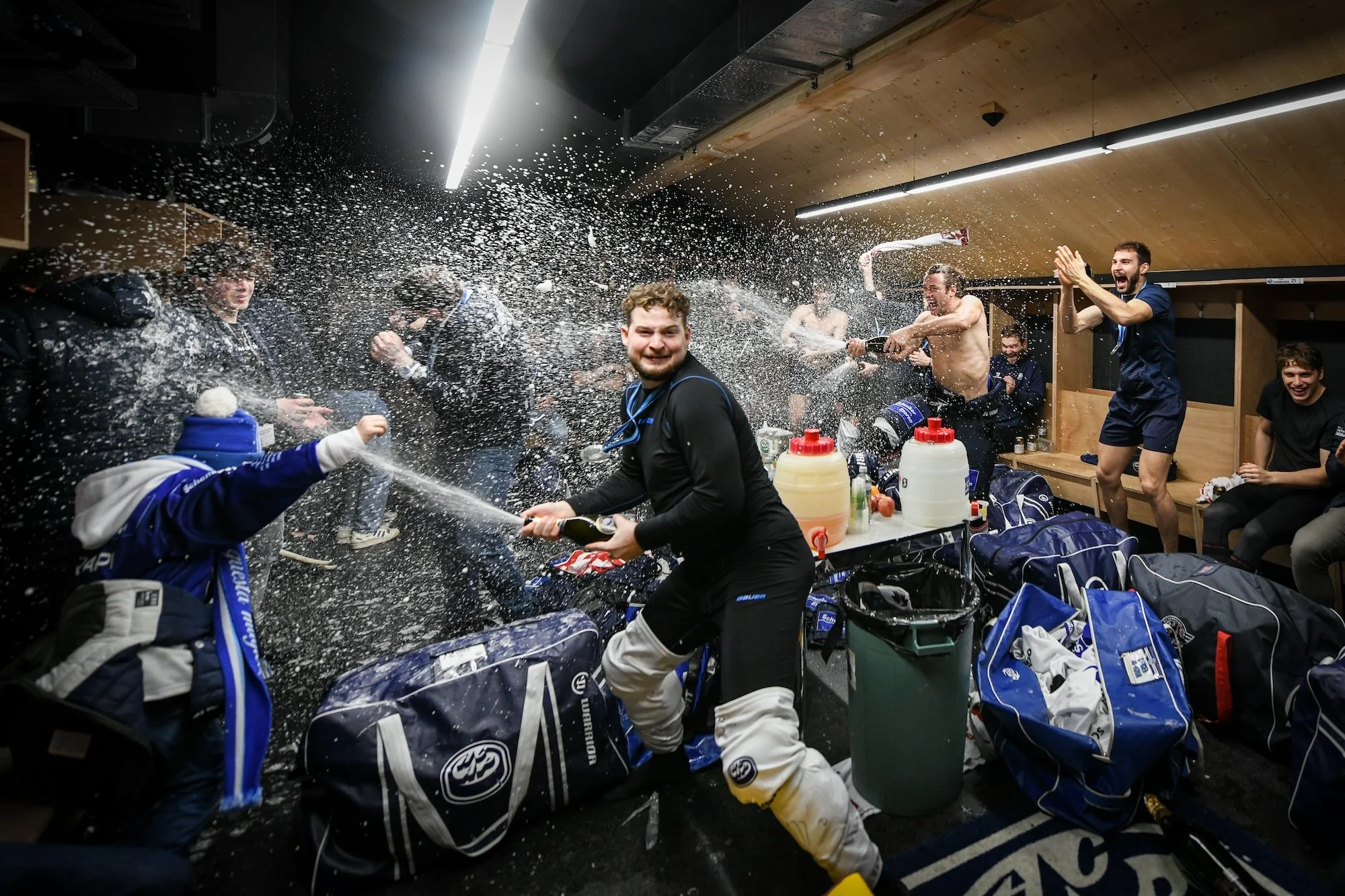  Dominic Zwerger gets the locker-room celebrations started 