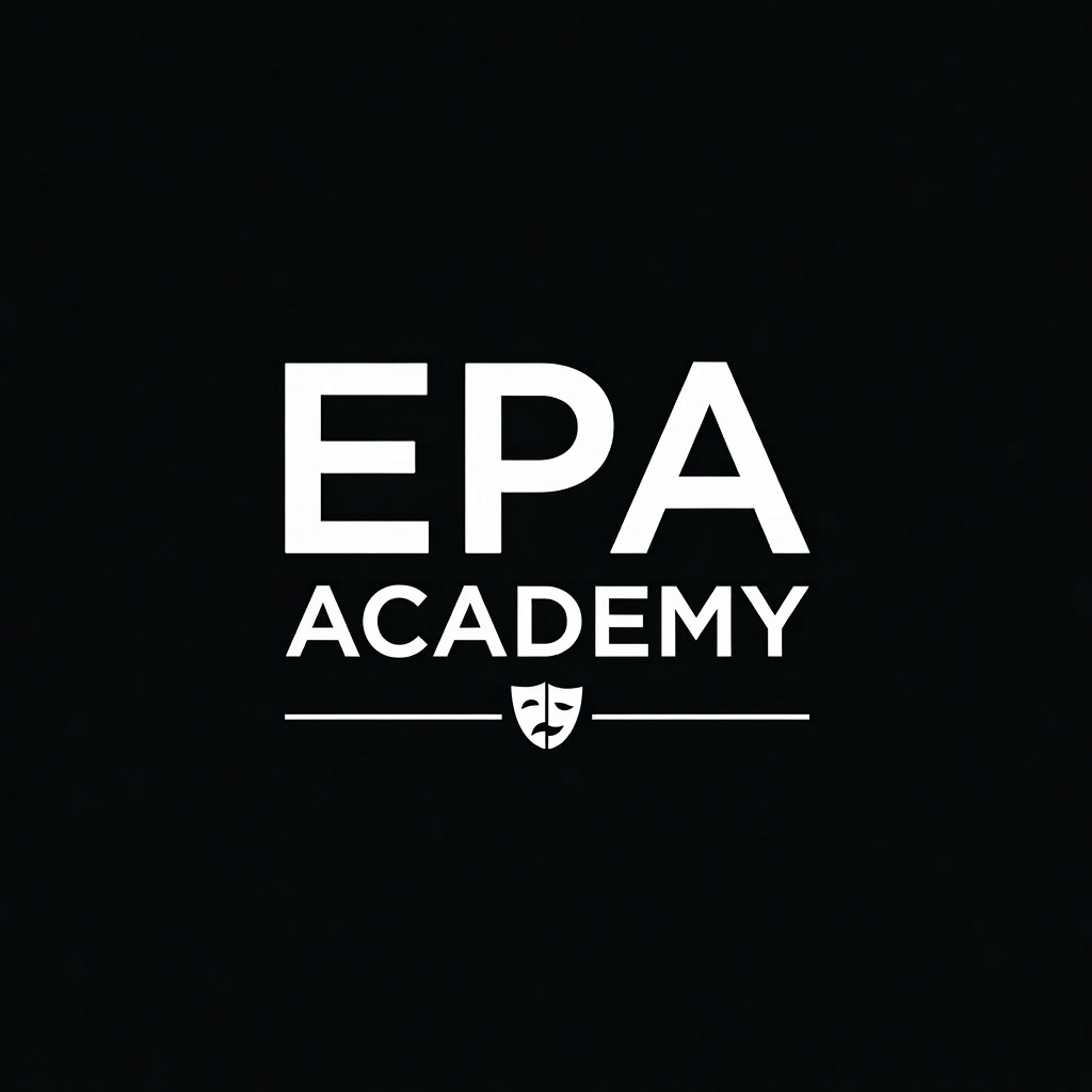 Logo for EPA Academy with white text and a comedy/tragedy mask symbol on a black background.