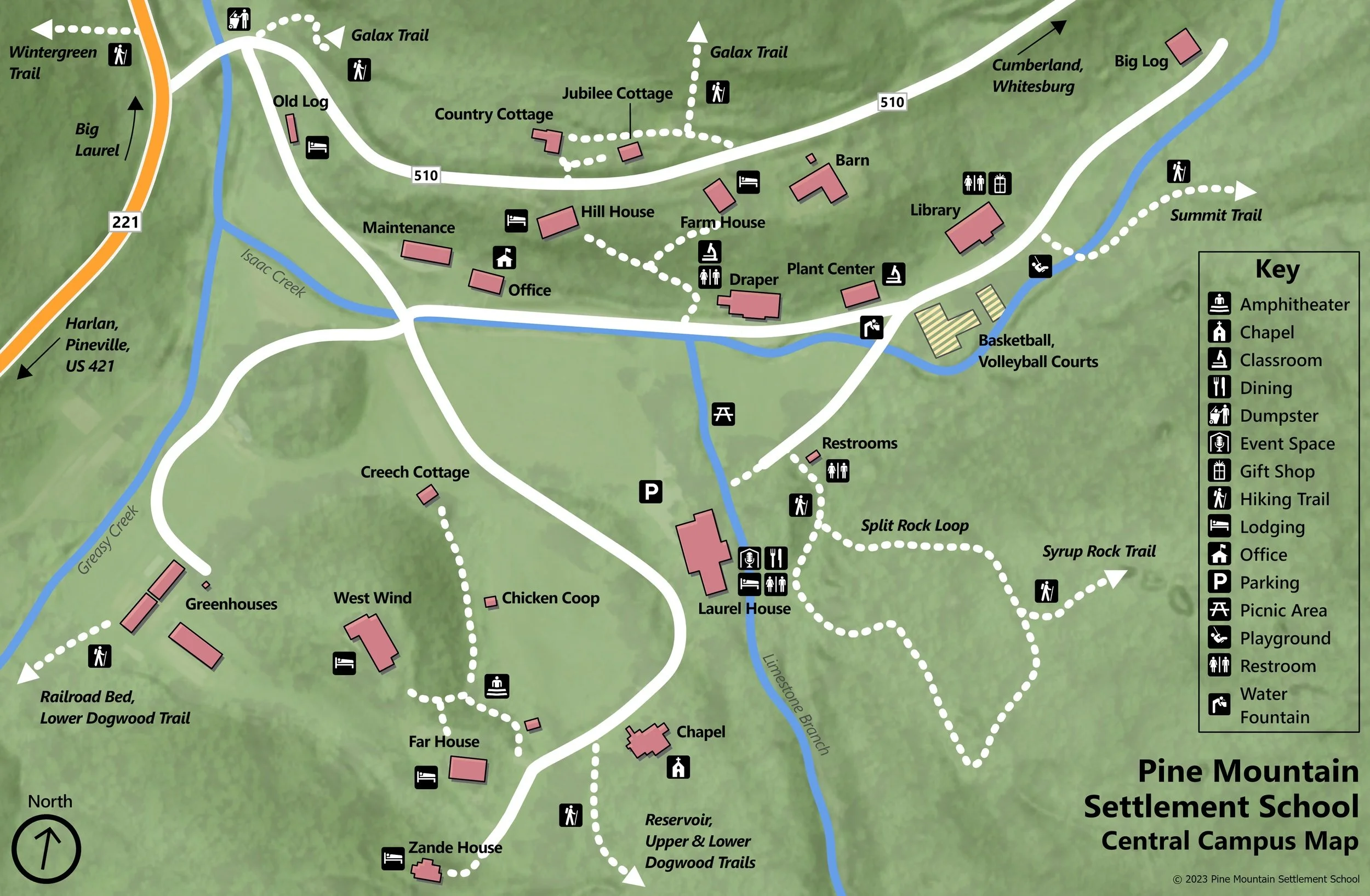 Map of Pine Mountain Settlement School Central Campus showing walking trails, buildings, and facilities with a key for amenities like amphitheater, chapel, classrooms, dining, offices, parking, picnic areas, playground, restrooms, water fountain, and water.