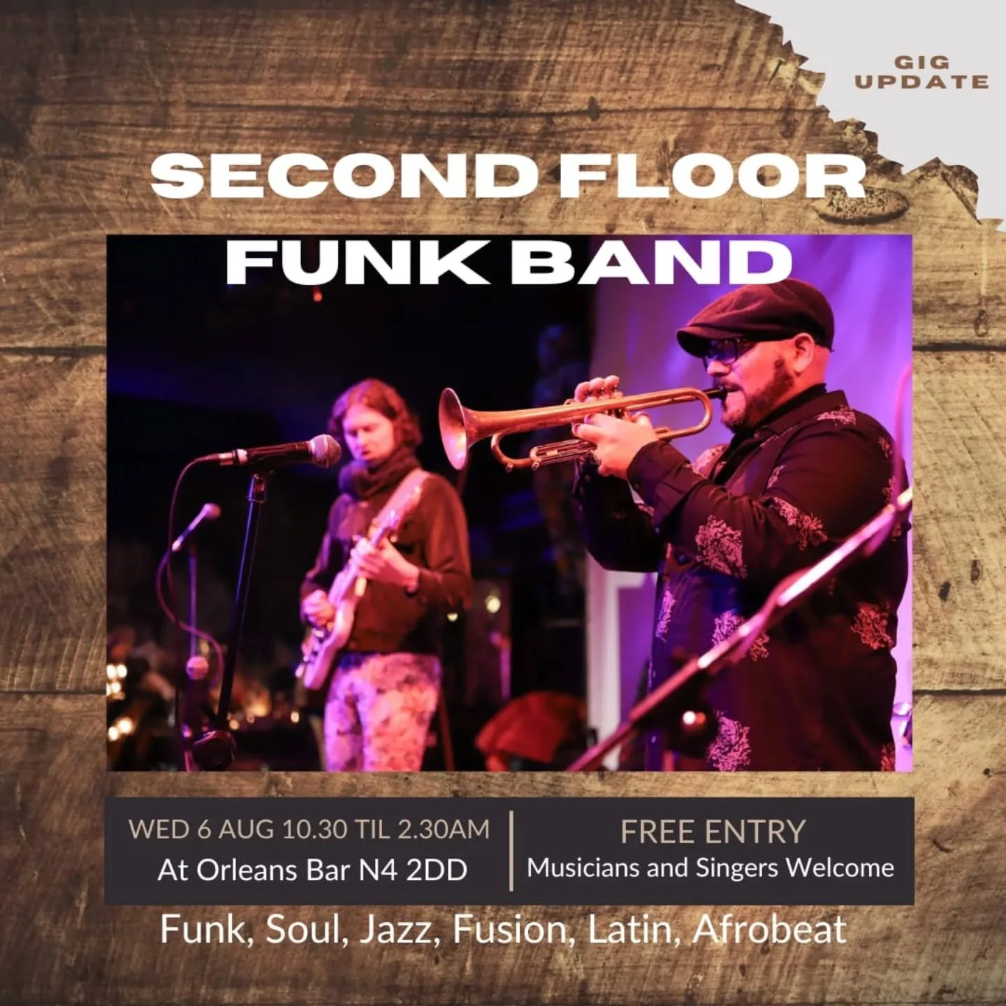 Looking forward to performing with Second floor funk on Wednesday 6th August at Orleans Bar - come see us 🌓