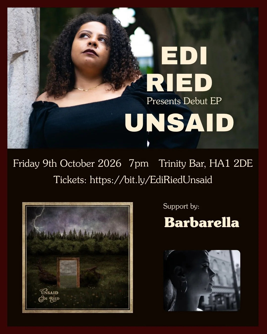 Excited to announce the Unsaid EP launch event at @trinitybarharrow, with support from @soundslikebarbarella!
.
Ticket link in bio
.
Cover art by @darkserenitydesigns
.
Photo by @kimvkaye
.
.
.
.
.
.
#livemusic #unsaid #harrow #livemusicharrow #launc