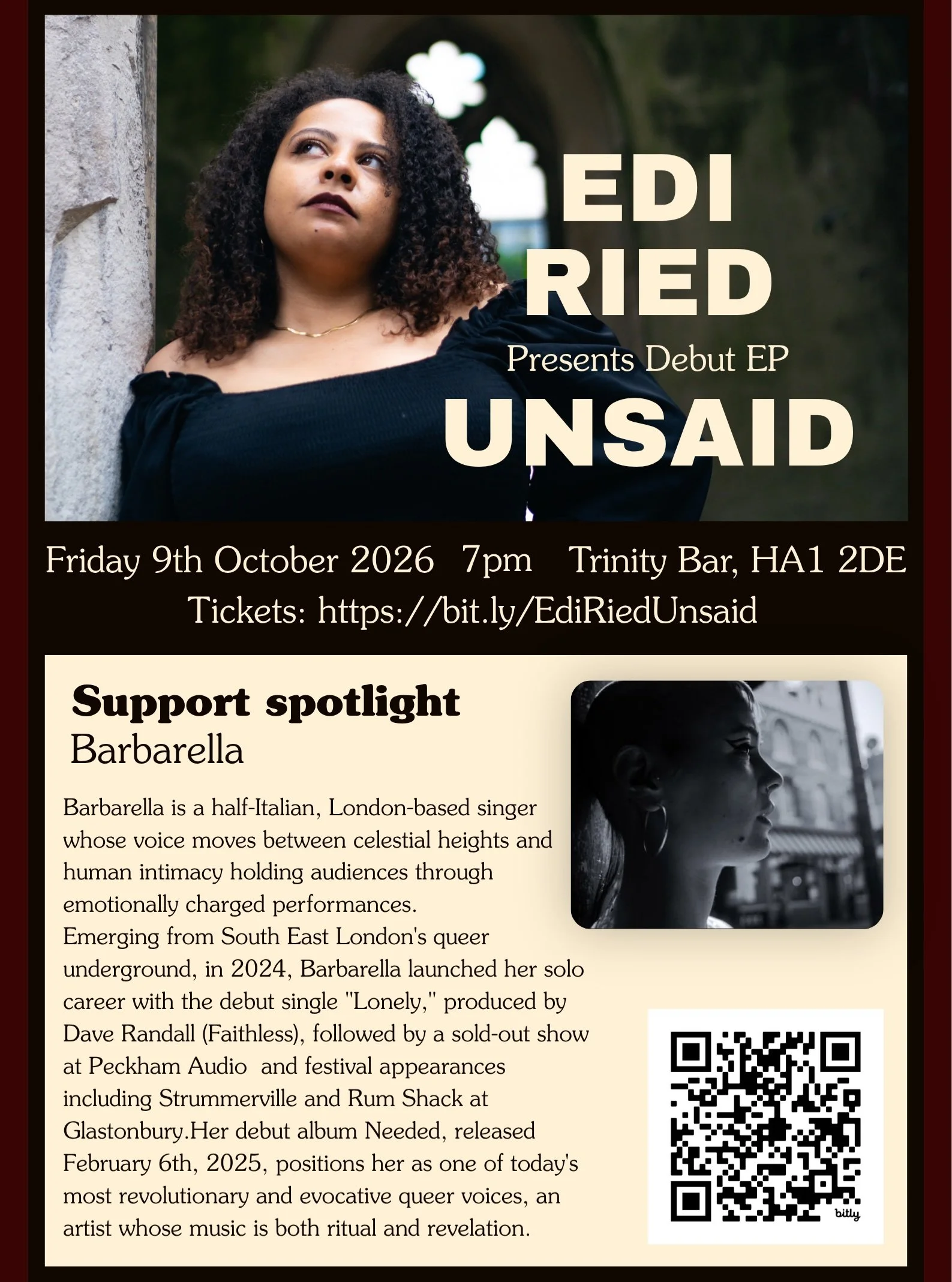 Less than two weeks &rsquo;til the Unsaid Launch with opener @soundslikebarbarella at @trinitybarharrow! Get you tickets from the link in bio or the QR code above. 🌓
.
Or copy and paste this link into your browser: https://wegottickets.com/f/27836
.