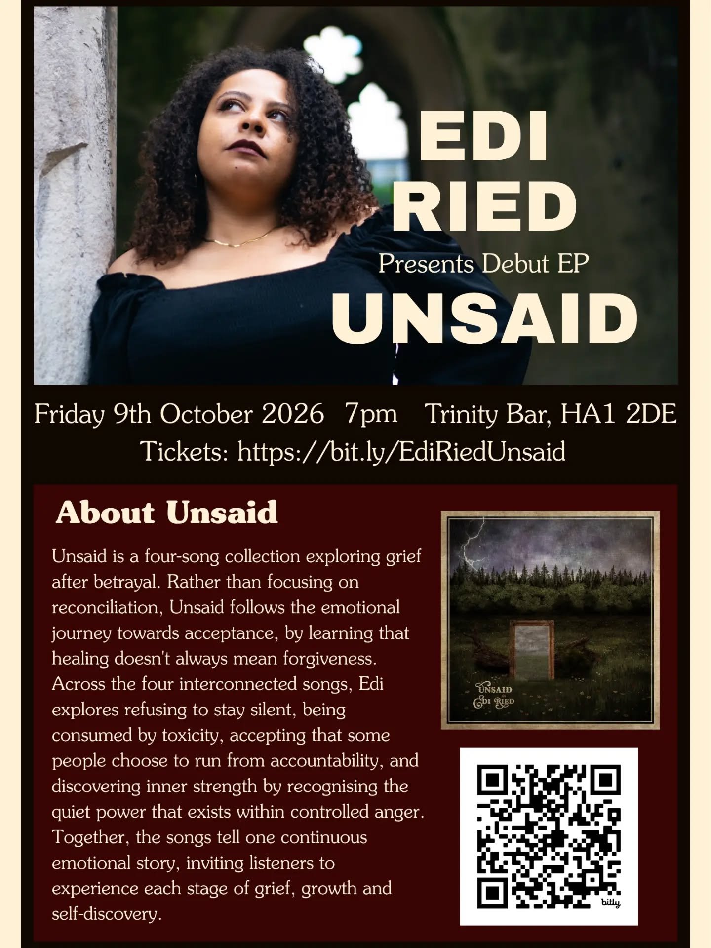 Wanna hear it first? Get tickets to the Unsaid Launch Event at @trinitybarharrow , Harrow! Get your quickest via the link and QR above or the linktree in my bio! 🌓
.
Runaway from Unsaid is out of all streaming and purchasing platforms (link in bio).
