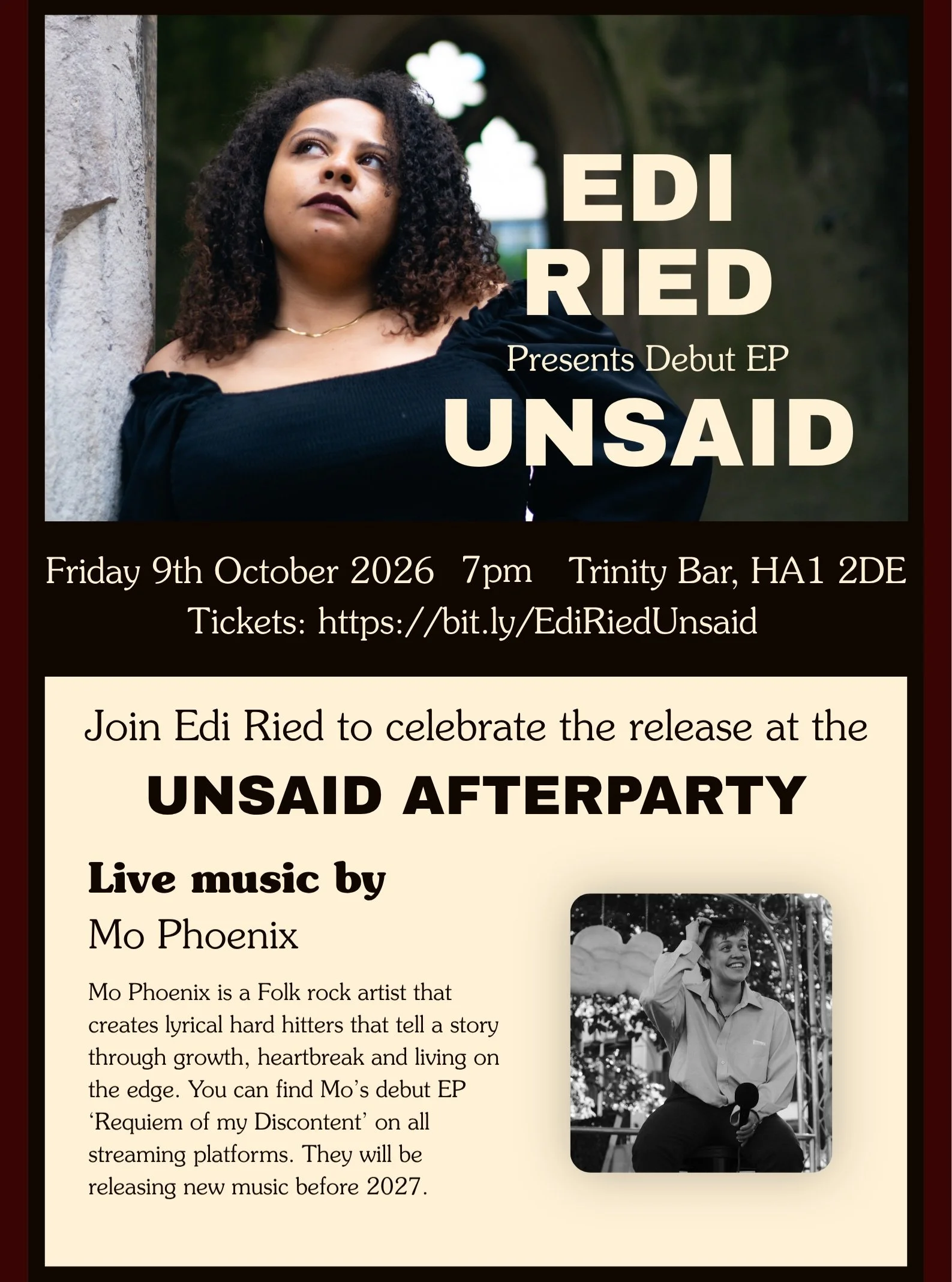 Join us after the event for the Unsaid Afterparty at @trinitybarharrow with live music by @mophoenixofficial! Get your tickets for the Unsaid event at the link in bio! 🌓
.
Or copy and paste this link into your browser: https://wegottickets.com/f/278