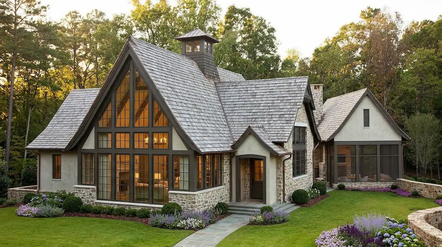 A large house with a stone and stucco exterior, multiple gabled roofs with shingle roofing, large front windows, and a lush green lawn with landscaped bushes and flowers.
