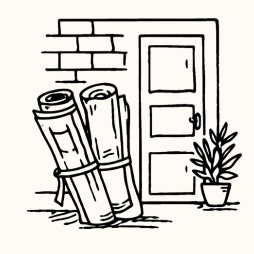 Dessins en noir et blanc de rouleaux de papier peint empilés devant une porte et une plante en pot.