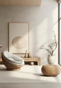 Intérieur minimaliste avec une chaise en rotin, une table en bois, un vase avec une branche, et une œuvre d'art abstraite sur le mur, éclairé par la lumière naturelle.