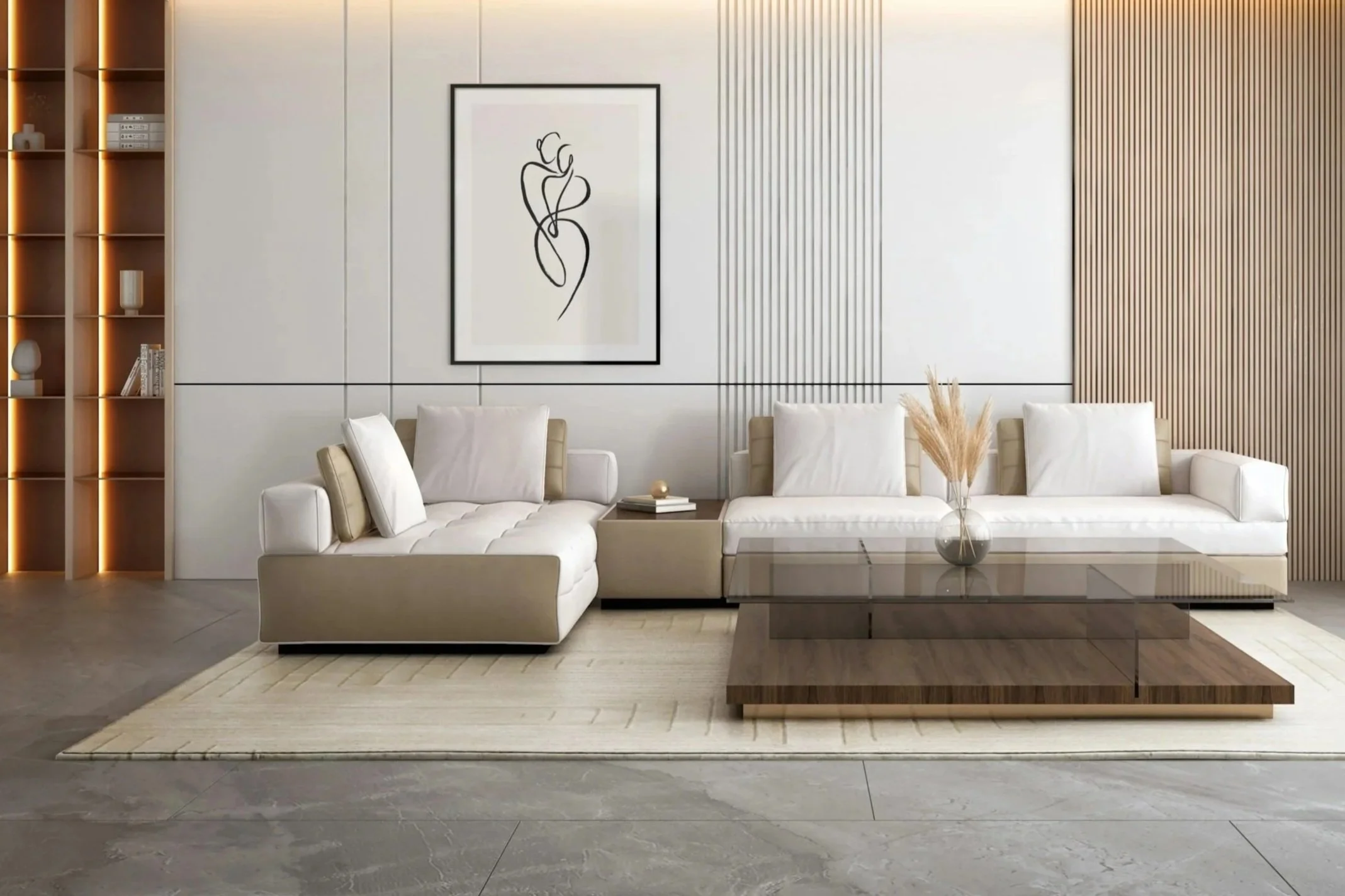 Salon moderne avec un canapé blanc, table basse en bois foncé, décoration minimaliste, tableau abstrait noir et blanc, étagère en bois avec des objets décoratifs, plante séchée dans un vase en verre.