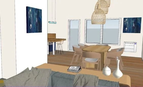Intérieur d'un salon moderne avec un canapé gris, une table ronde, des chaises, des lampes en osier, lumière naturelle. Conception ar Nadine Agencement & Design, architecte d'intérieure et décoratrice à Mions, Rhône
