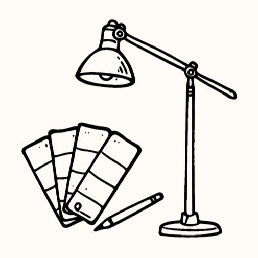 Illustration de lampe de bureau, échantillons de peinture, stylo et pinceau.