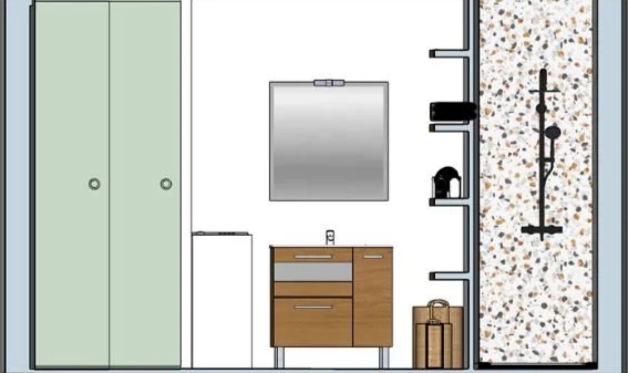 Plan de salle ou d'aménagement intérieur avec un armoire, un miroir, un meuble en bois avec un évier, et des accessoires de salle de bain. Plans par Nadine Agencement & Design, architecte d'intérieure et décoratrice à Mions, Rhône