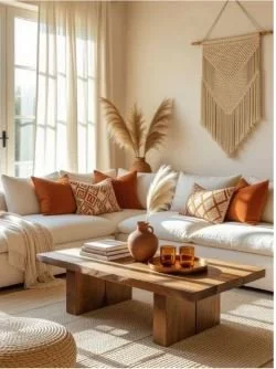 Salon avec canapé blanc, coussins orange et beige, table en bois, décoration murale en macramé, plantes pampas, large fenêtre avec rideaux