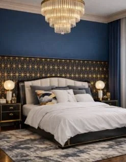 Chambre à coucher élégante avec un lit à baldaquin, deux lampes de chevet, et un éclairage chandelier moderne.