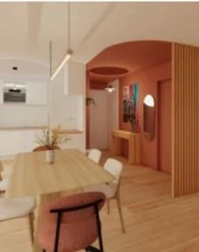 Salle à manger moderne avec une grande table en bois, chaises blanches, cloison en bois avec miroir et décoration murale colorée.
