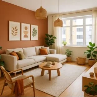 Salon lumineux avec canapé beige, coussins orange et vert, tables en bois, plantes d'intérieur, murs beige et orange, grande fenêtre avec rideaux blancs.