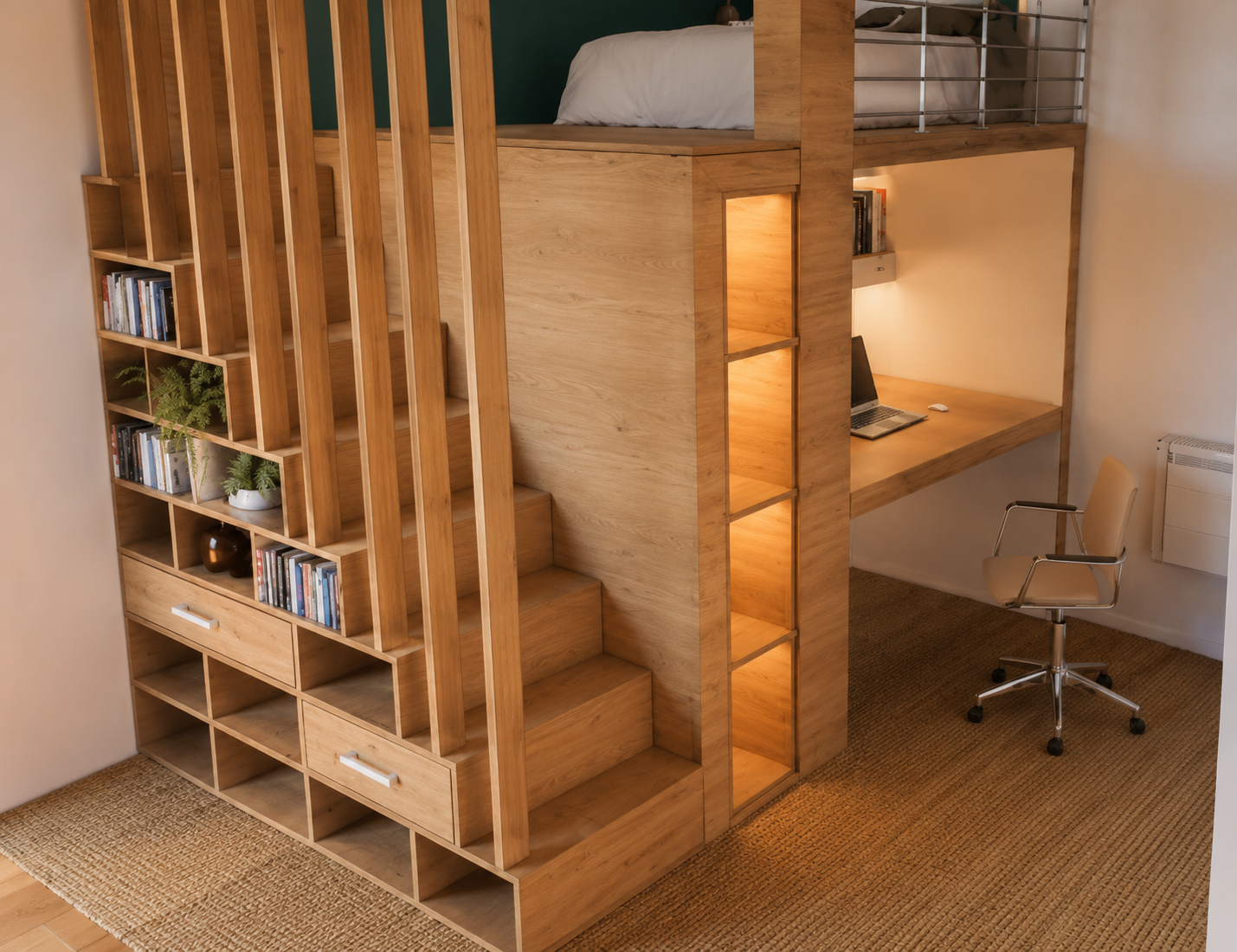 Espace de travail avec bureau intégré sous un lit mezzanine en bois, comprenant une chaise pivotante beige et une étagère avec des livres et des plantes. Conception par Nadine Agencement & Design, architecte d'intérieure et décoratrice à Mions, Rhône