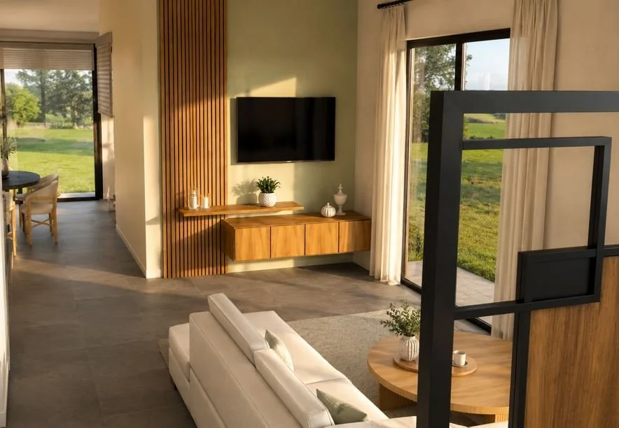 Salon moderne avec canapé blanc, télévision murale, fenêtre panoramique avec vue sur un jardin vert, décoration minimaliste. Projet d'aménagement conçu par Nadine Agencement & Design, architecte d'intérieure et décoratrice à Mions, Rhône.