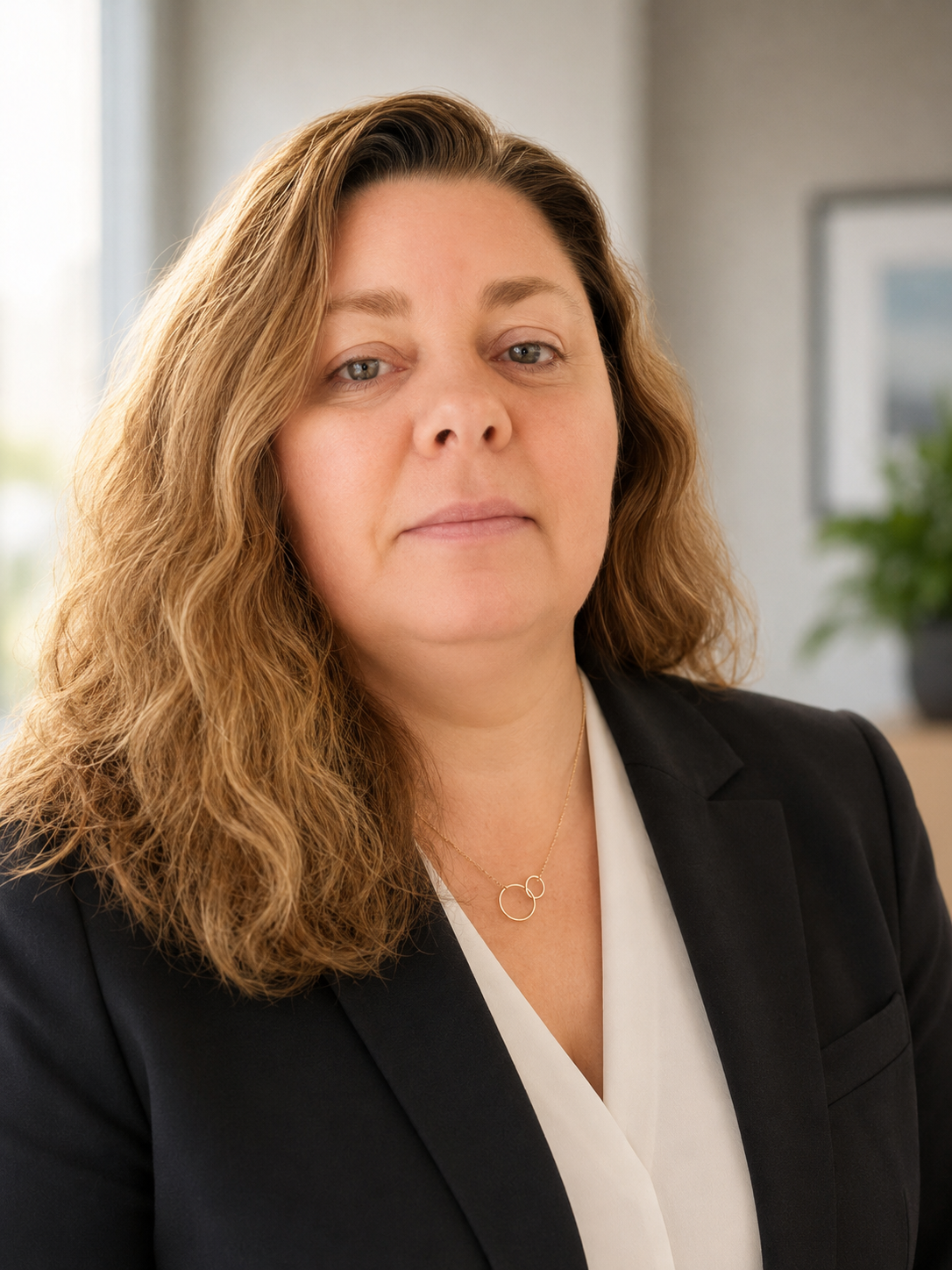 Portrait d'une entrepreneuse, architecte d'intérieur et décoratrice, Nadine Saguin, avec des cheveux ondulés, portant un costume noir et une chemise blanche, et un collier avec deux cercles dorés, dans un bureau lumineux.