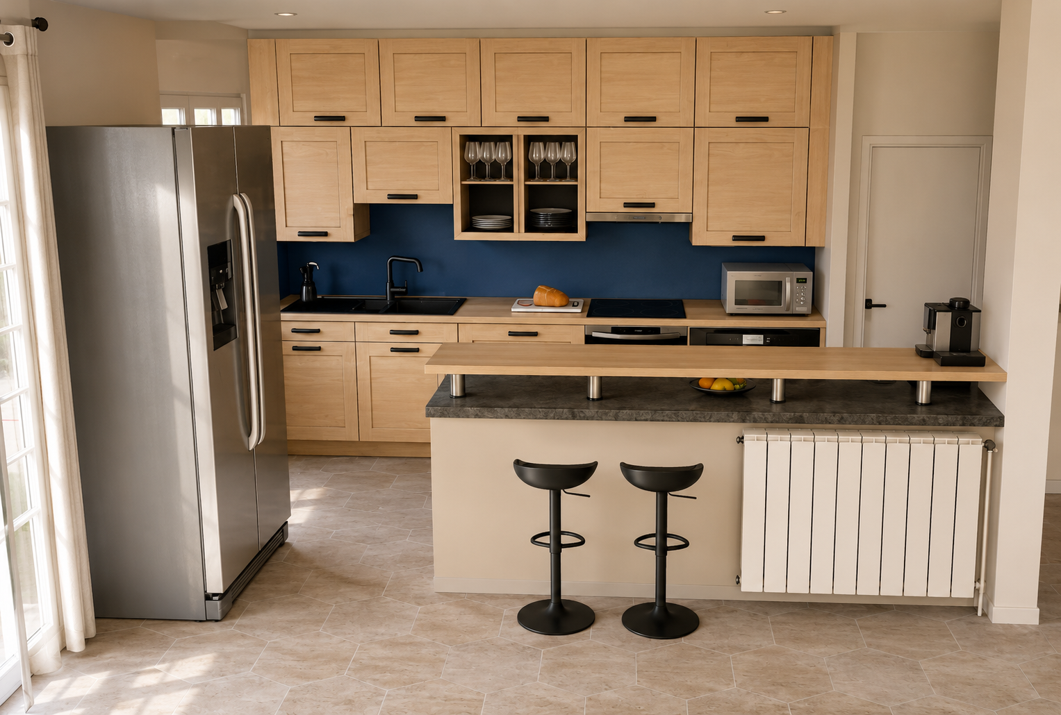 Cuisine moderne avec réfrigérateur en acier inoxydable, plan de travail en bois, micro-ondes, cafétière, et deux tabourets noirs. Conception ar Nadine Agencement & Design, architecte d'intérieure et décoratrice à Mions, Rhône