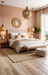 Chambre à coucher élégante avec un lit, deux lampes de table, un miroir rond, un tapis, un pouf, une plante verte et des rideaux beige.
