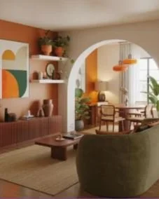 Salon moderne avec cheminée, étagères décoratives, plantes vertes, fauteuils et un grand arc invitant à la salle à manger avec une grande fenêtre.