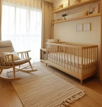 Chambre d'enfant avec berceau en bois, fauteuil confortable, étagères murales avec décor minimaliste, grande fenêtre avec rideaux, tapis beige.
