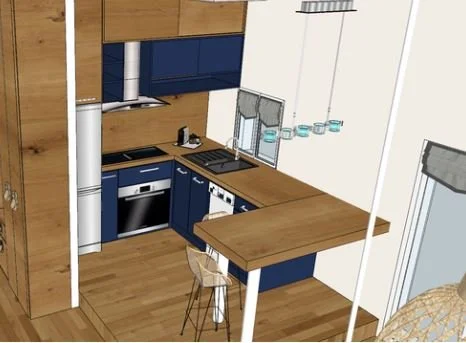 Cuisine moderne avec comptoir en bois, armoires bleues, évier, plaque de cuisson, four intégré, et quelques tasses sur un porte-verres. Porjection 3D par Nadine Agencement & Design, architecte d'intérieure et décoratrice à Mions, Rhône