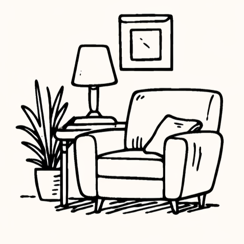 Un dessin en noir et blanc d'un coin salon avec un fauteuil, une lampe de table, une plante en pot, et un tableau au mur.