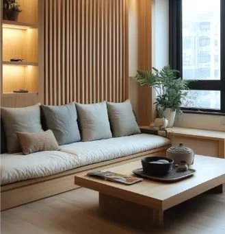 Salon moderne avec canapé beige, table basse en bois, plantes et décoration près d'une grande fenêtre