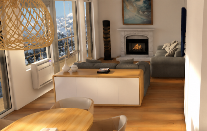 Salon moderne avec cheminée, canapé gris, vue sur montagnes enneigées, table basse et fauteuils autour. Conception par Nadine Agencement & Design , architecte d'intérieure et décoratrice à Mions , experte en rénovation et agencement.