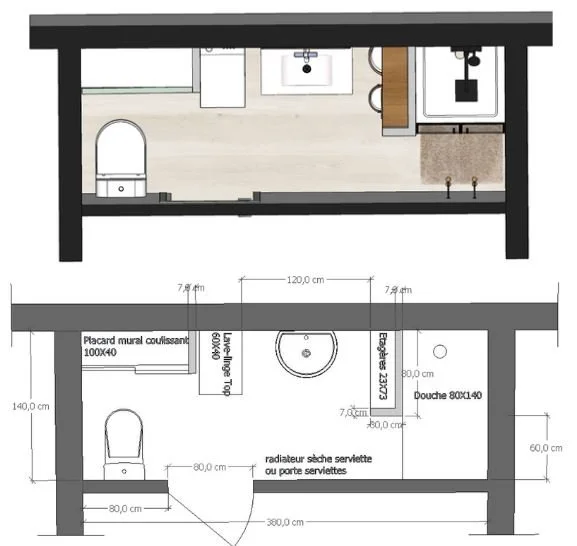 Plan de salle de bains avec toilettes, lavabo, miroir mural, radiateur ou porte serviettes, douche, et éléments de plomberie, avec mesures en centimètres. Conception ar Nadine Agencement & Design, architecte d'intérieure et décoratrice à Mions, Rhône