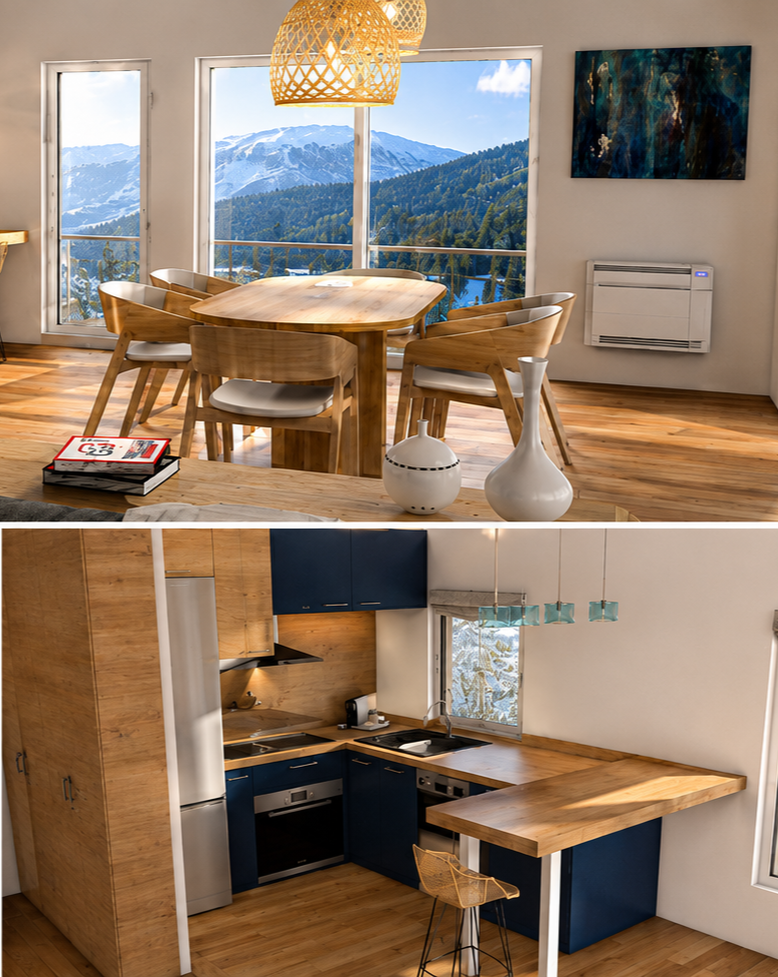 Conception d'intérieure à Méribel - salle à manger avec vue sur des montagnes enneigées et une cuisine moderne avec des armoires bleu foncé et un plan de travail en bois.