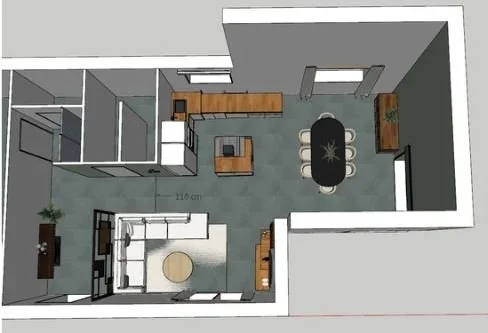 Plan d'une salle à manger moderne avec un espace salon attenant, comprenant une table de salle à manger ovale avec six chaises, un canapé blanc, une table basse ronde, et une cuisine en coin. Plans 3D par Nadine Agencement & Design, Mions