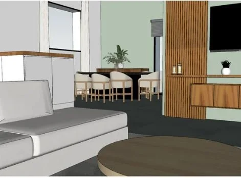 Salon moderne avec canapé gris, table ronde en bois, mur en lambris en bois et coin repas avec table et chaises. Conception par Nadine Agencement & Design, architecte d'intérieure et décoratrice à Mions, Rhône.