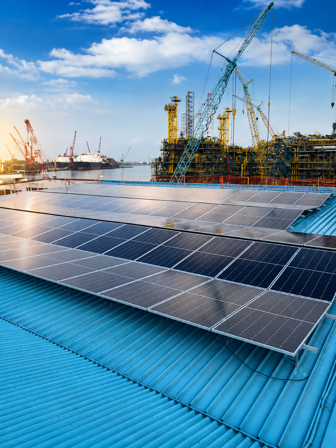 Solar panels installed on rooftops with a naval port and cranes in the background under a partly cloudy sky.