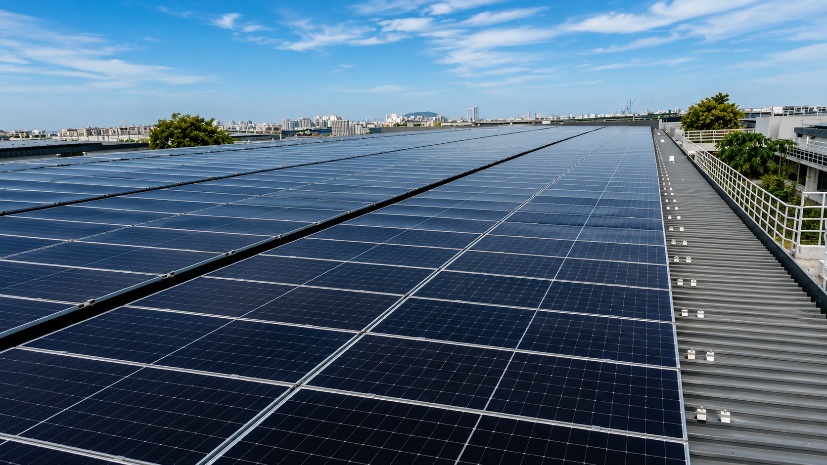 A large array of solar panels installed on a rooftop under a clear blue sky with some clouds. City buildings are visible in the background.
