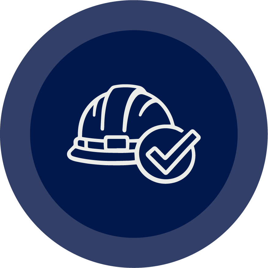 Icon of a hard hat with a checkmark, indicating safety or certification
