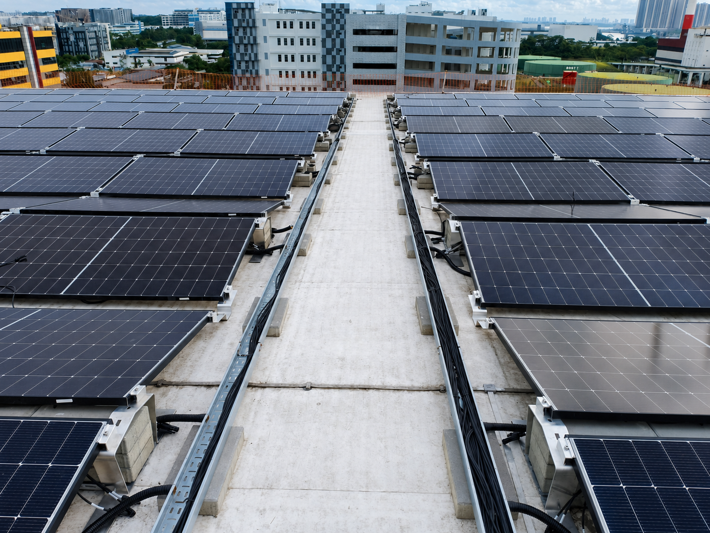 Arranged on the roof of a building are multiple black solar panels set in rows, connected with black cables, with a cityscape of tall buildings and cloudy sky in the background.