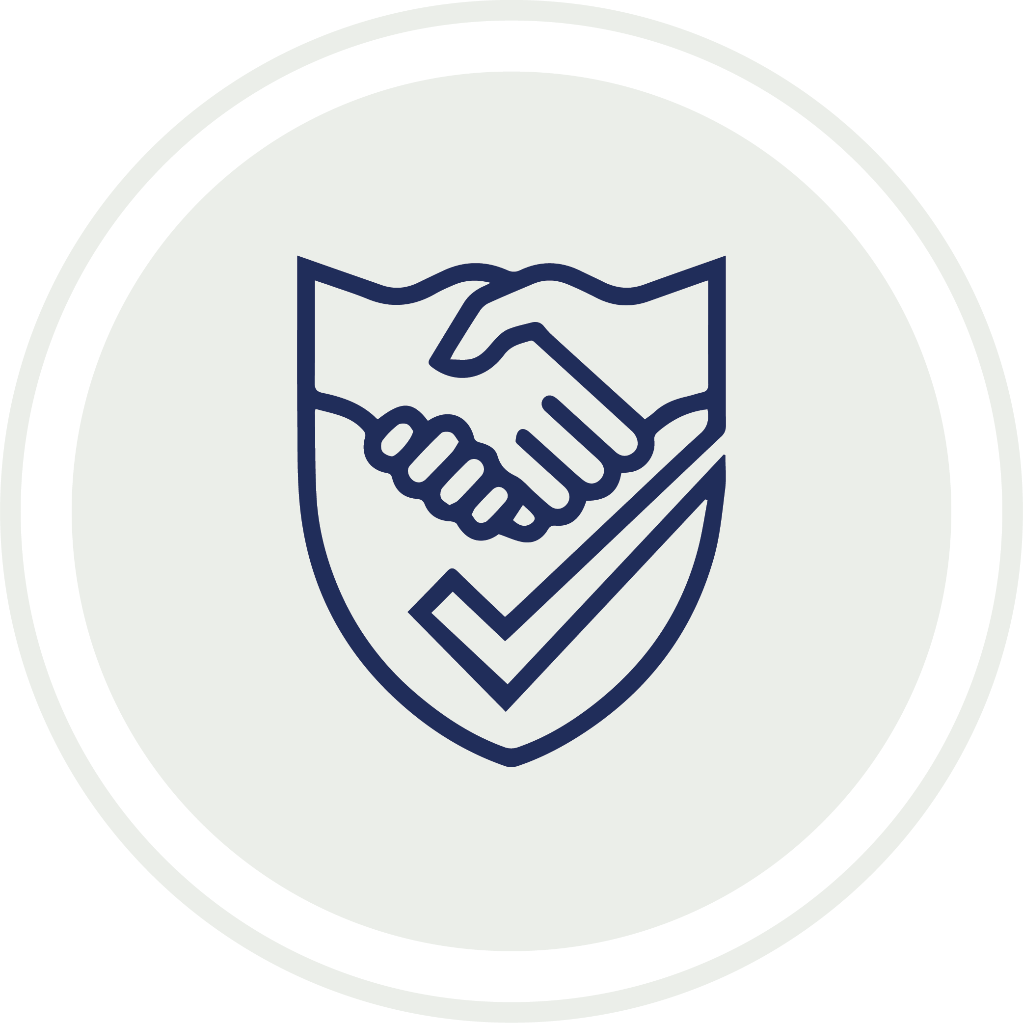Close-up of a black and white logo featuring a handshake inside a shape, with concentric circles around it.