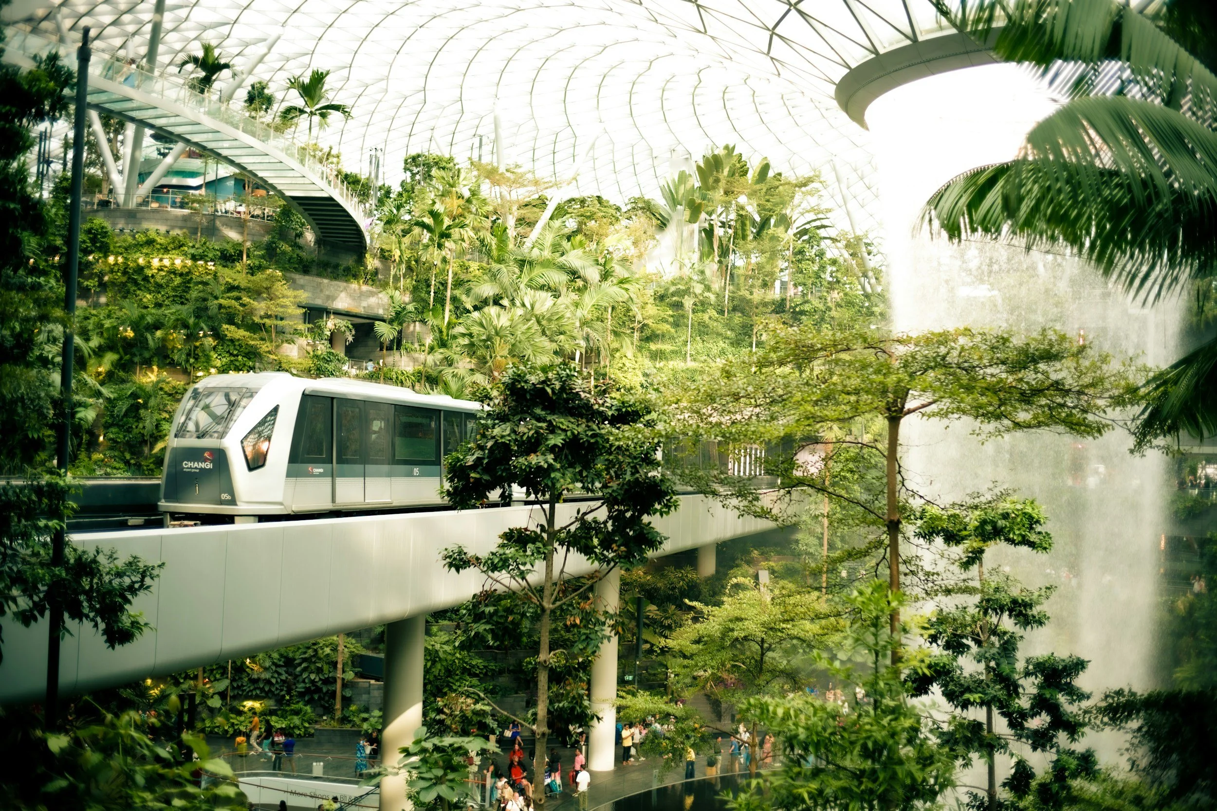 Indoor botanical garden with lush green plants, trees, and a glass roof. A monorail train is visible on an elevated track running through the space. There are people walking and exploring the area below.