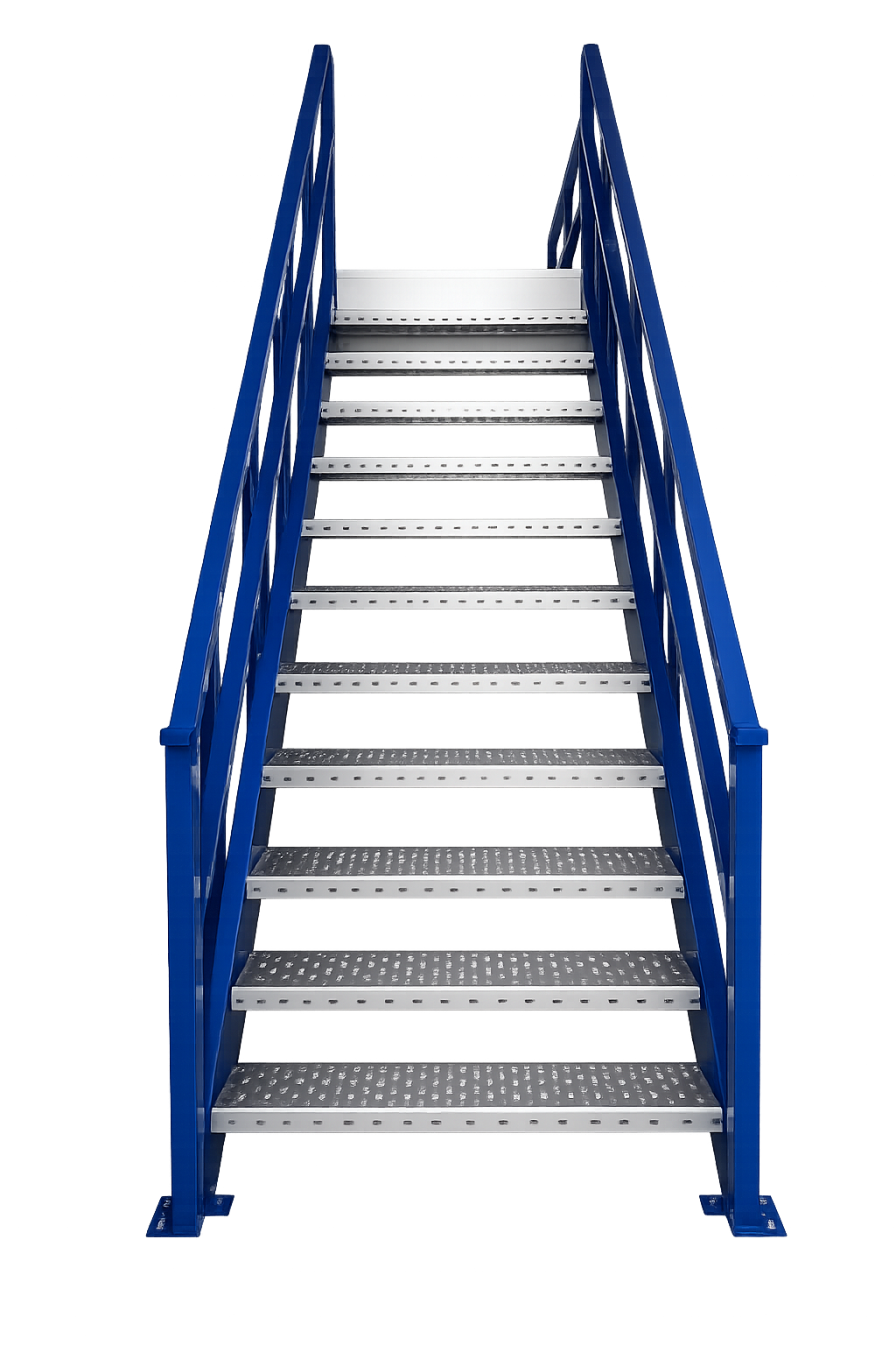 A metallic staircase with blue handrails and non-slip treads, viewed from the bottom looking up.