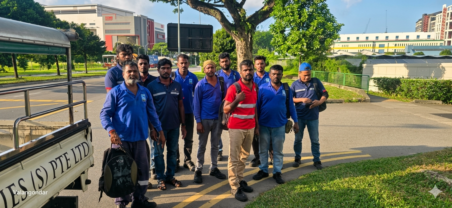 A group of eleven men standing outdoors on a city street corner, with some wearing uniforms. They are posing for a photo near a tree, with buildings and greenery in the background.