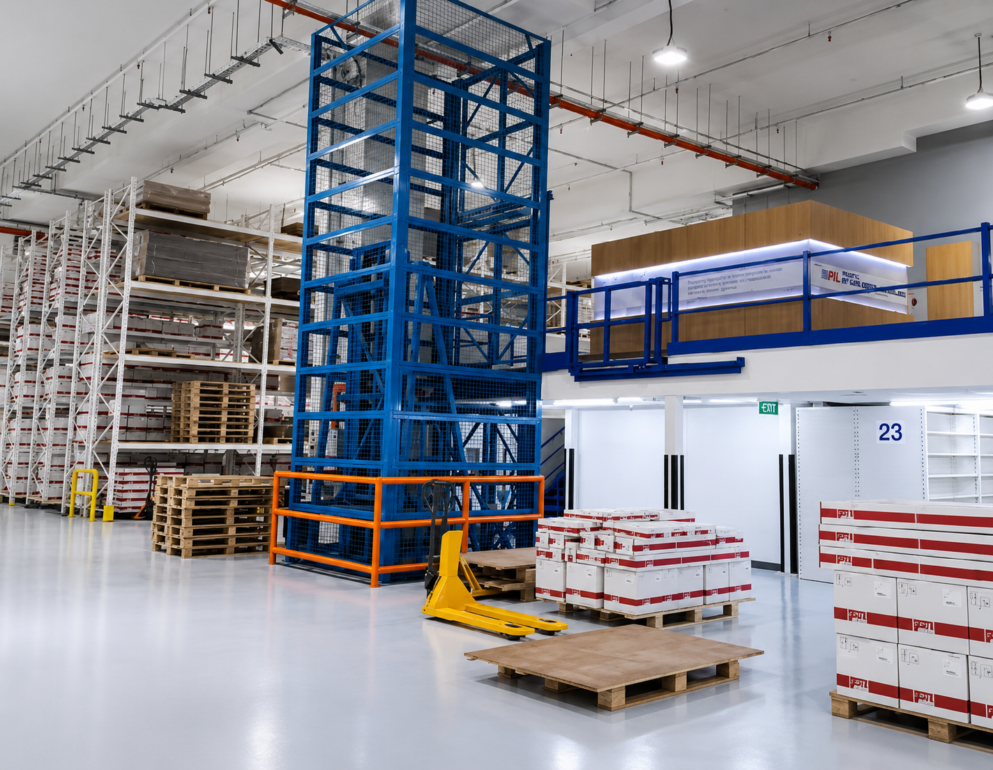 Interior of a warehouse with tall shelves stocked with boxes, a blue lift, a yellow pallet jack, and stacked pallets.