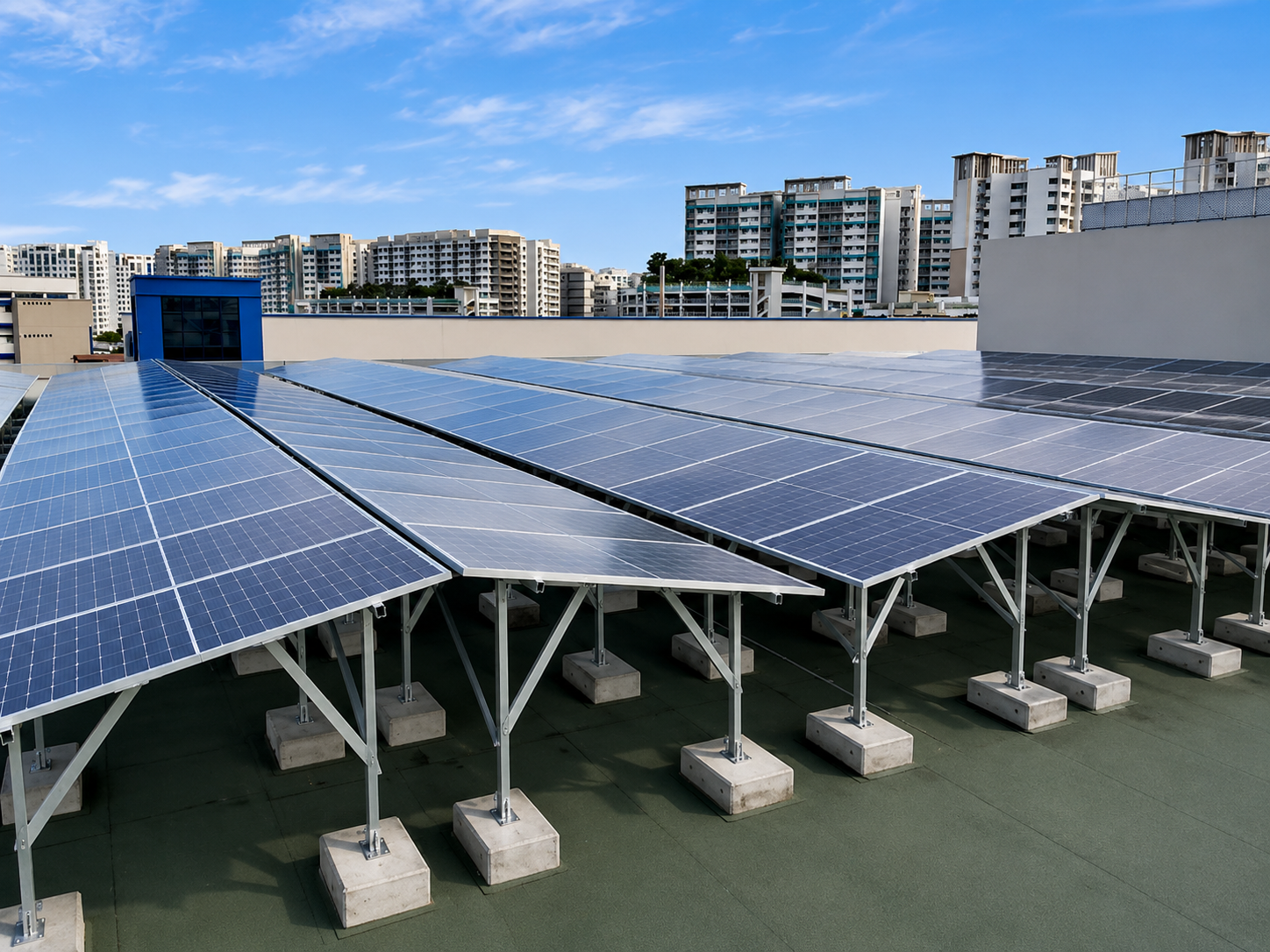 Solar panels installed on a rooftop with a cityscape of high-rise buildings in the background under a clear blue sky.