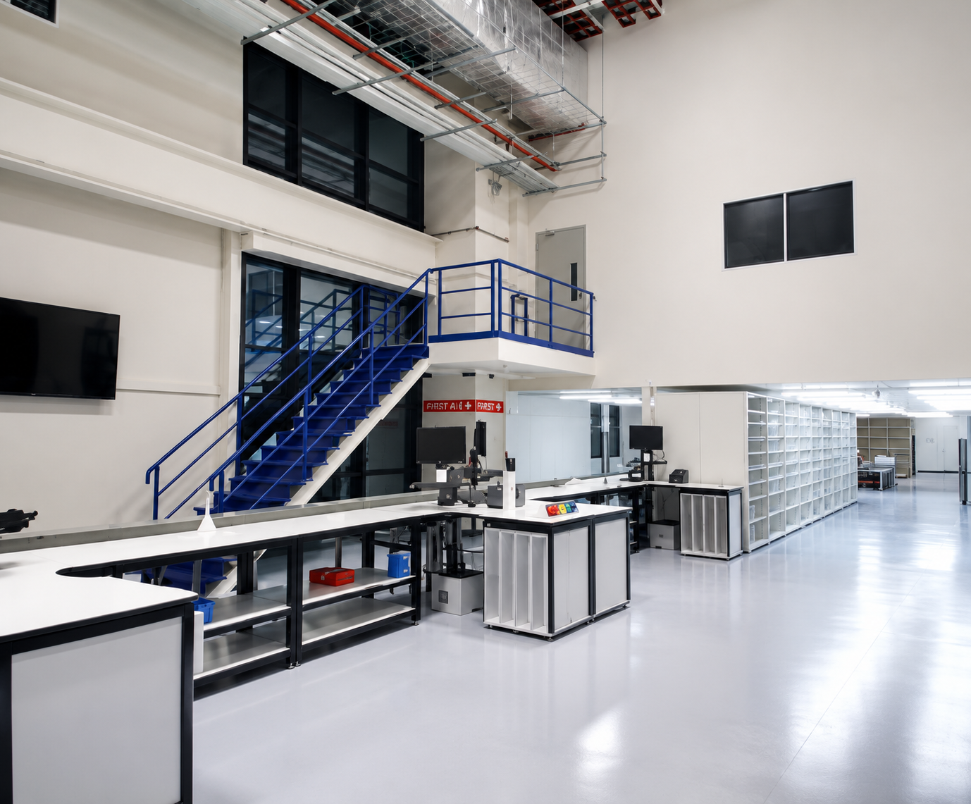 Empty retail store with white walls, black counter, blue staircase, and shelves. Multiple computer stations, a large television screen, and an area with white storage shelves.