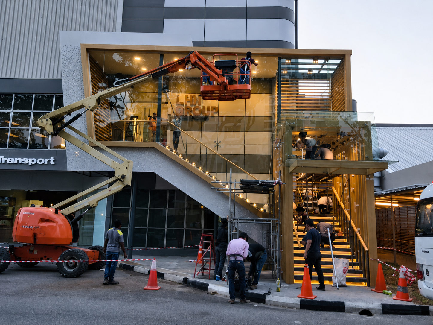 Construction workers installing glass windows on a modern building with a wooden and glass exterior, using an aerial lift, with traffic cones and safety barriers in the foreground.