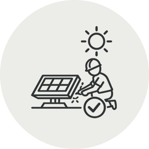 A person installing a solar panel outdoors, with a sun and a checkmark icon above.