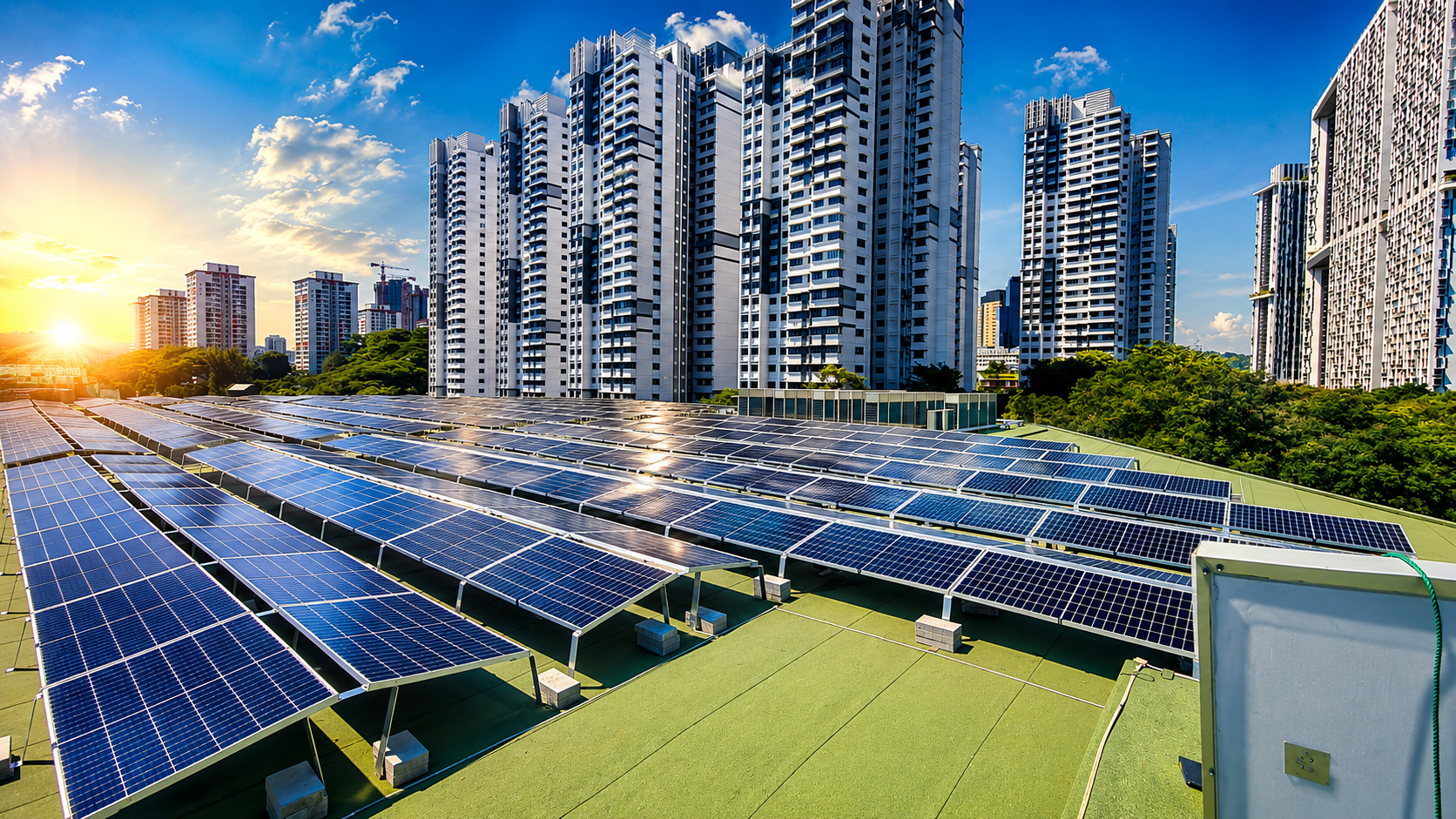 Solar panels on a rooftop with a city skyline and skyscrapers in the background during sunset.